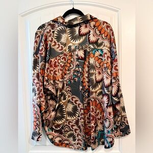 JODIFL Multicolor Feather Print Top 1X Plus Boho Western Business